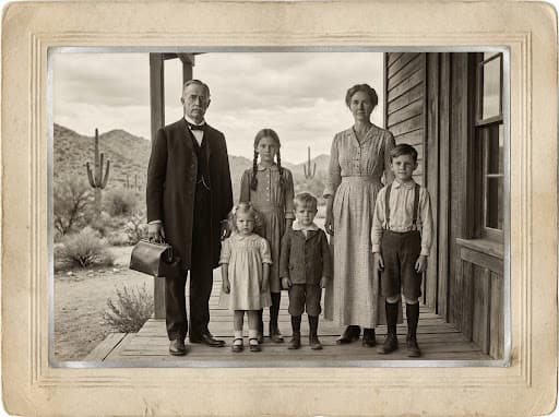 Restored 1928 Goodman family portrait on the family residence veranda in the Salt River Valley