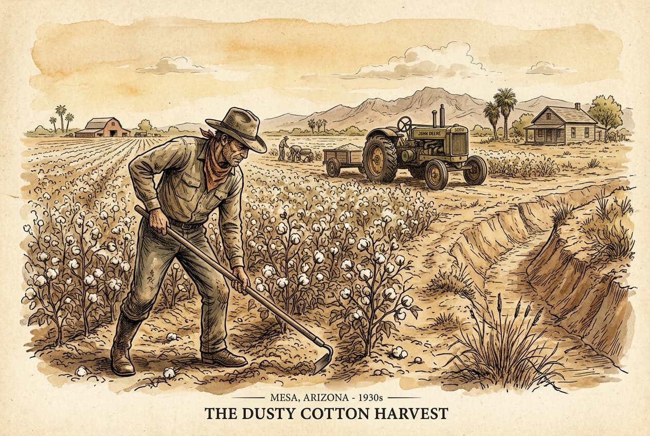 A farmer hoeing a cotton field in 1930s Mesa, Arizona, with a vintage tractor and an irrigation ditch in the background