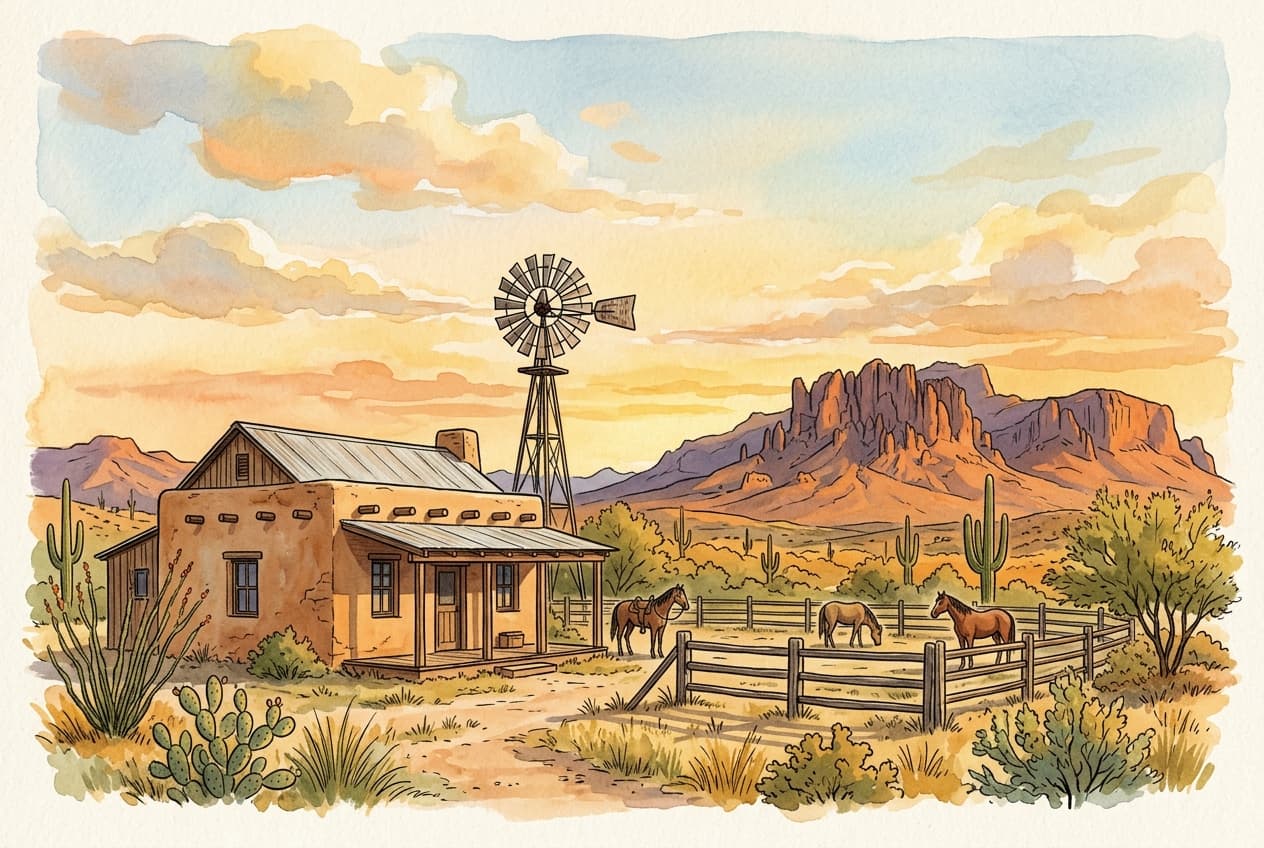 A simple adobe and wood homestead ranch in Mesa, Arizona under a soft sunset sky with a windmill and mountains
