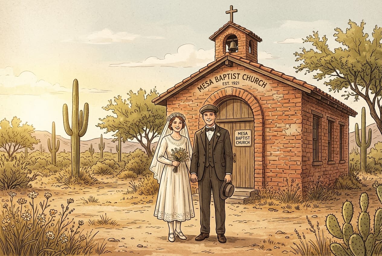Young pioneer bride and groom in simple 1922 wedding attire standing outside a small brick chapel in Mesa, Arizona