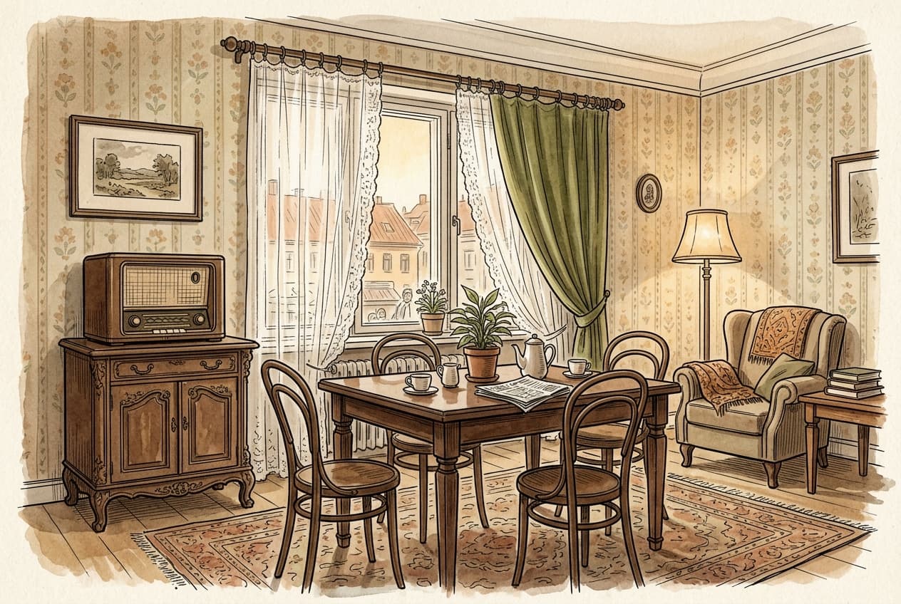 Cozy interior of a Charlottenburg apartment in 1925 with a dining table, vintage radio, and patterned wallpaper