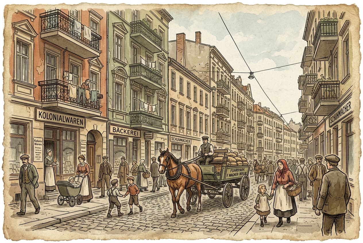 A bustling working-class street in Charlottenburg, Berlin in 1910 with pedestrians and a horse-drawn cart