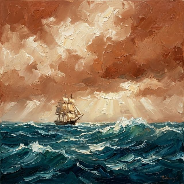 A sailing ship on the open Atlantic Ocean, 1860s (AI-generated illustration)