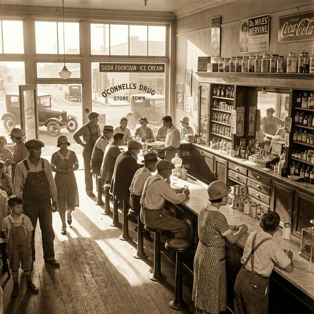 A busy 1920s pharmacy counter and soda fountain in a dusty Arizona desert town.