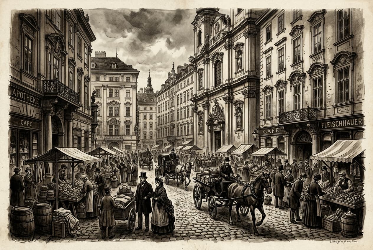 Illustration of a nineteenth-century Viennese market square with merchants and storefronts