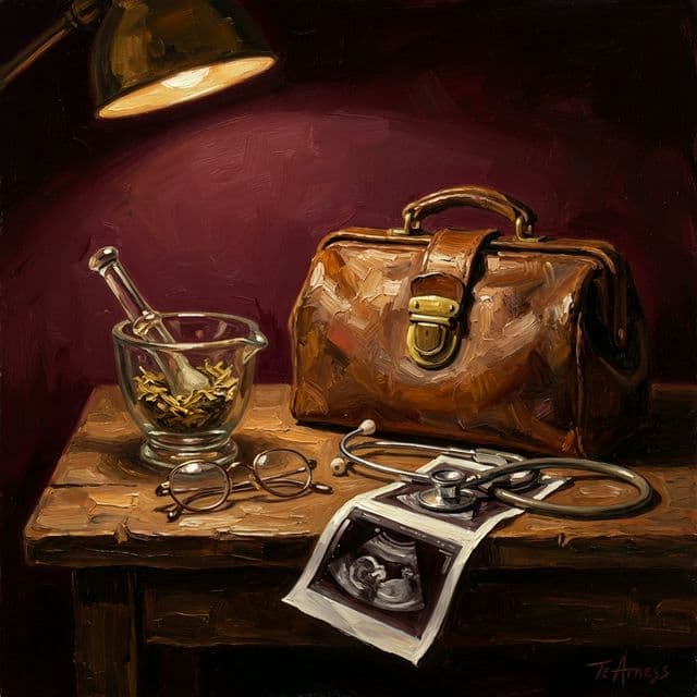 Still life of medical objects spanning four generations: mortar and pestle, spectacles, doctor's bag, stethoscope, and ultrasound printout