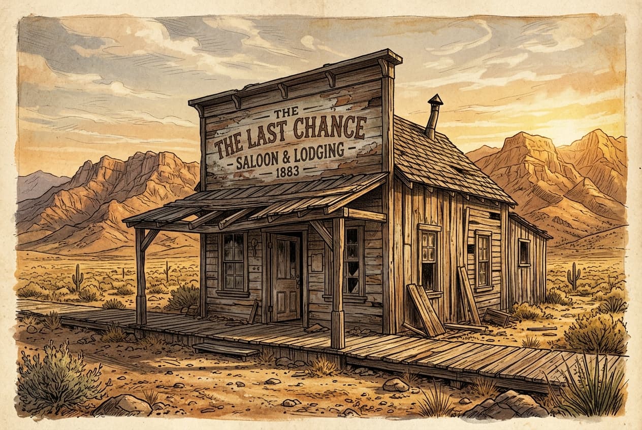 Weathered wooden saloon facade in the Bodie ghost town showing the arrested decay model of preservation