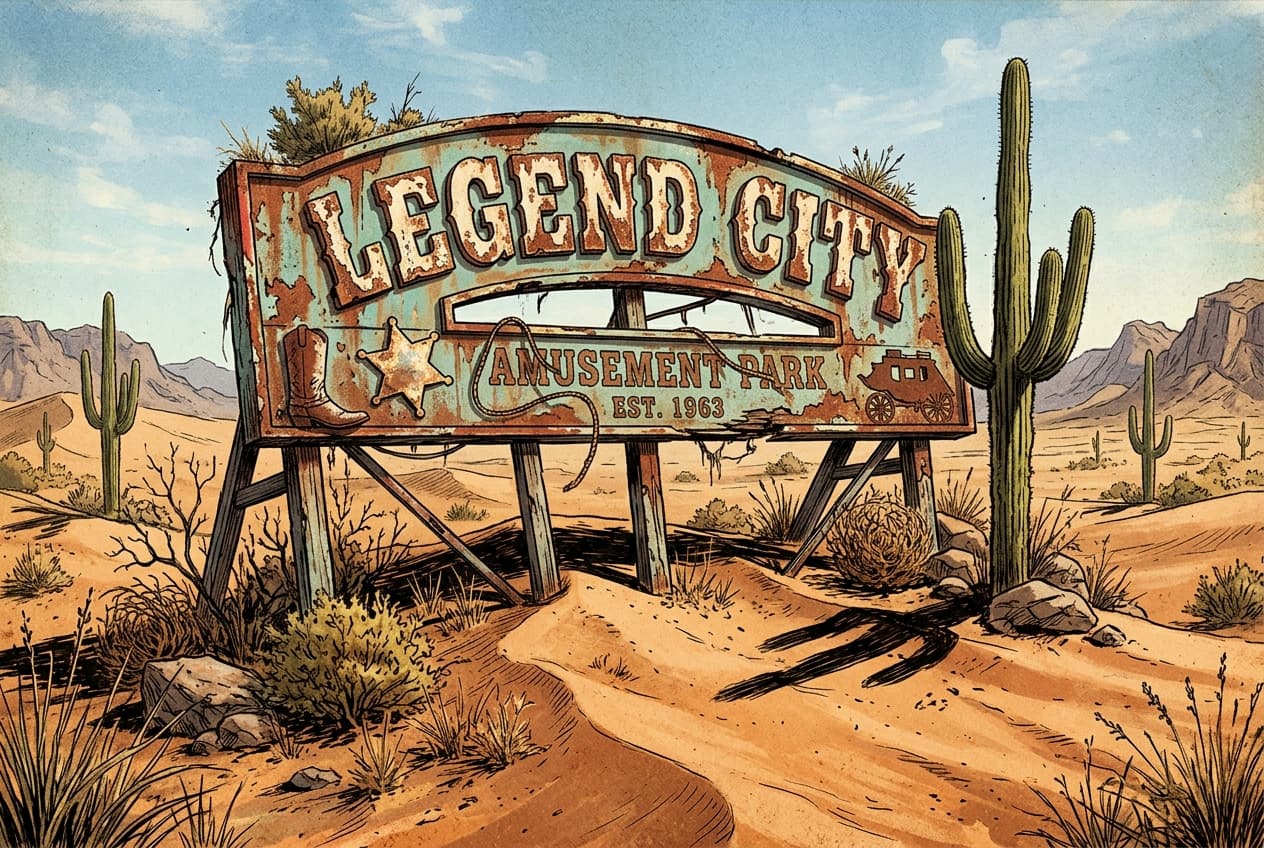 A weathered, rusted mid-century western entrance sign reading 'Legend City Amusement Park' half-buried in desert sand