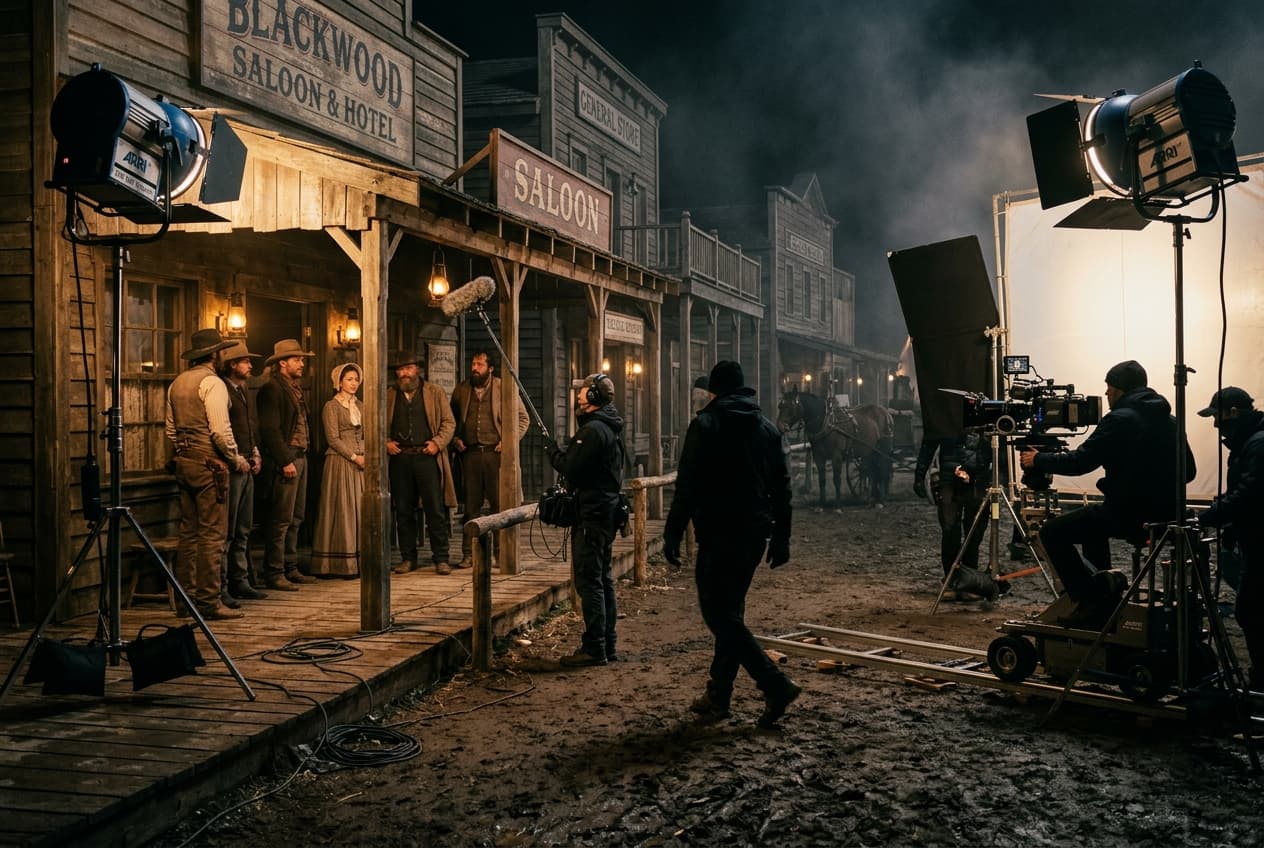Active movie production set on a historic wooden western street facade at night with bright studio lights