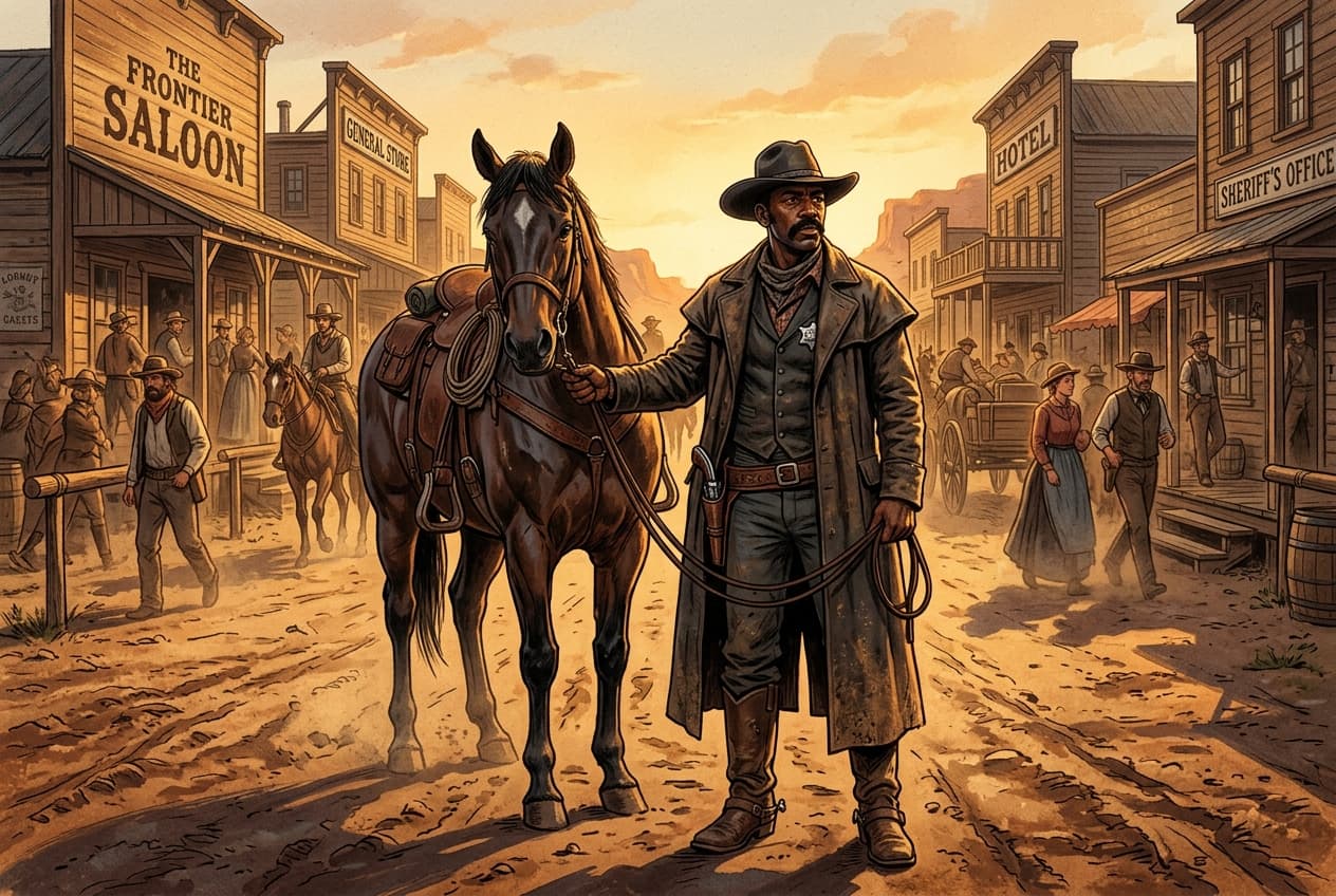 Deputy U.S. Marshal stunt character standing next to a horse on the dusty street of Old Tucson