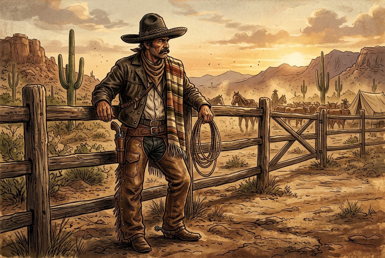 Mexican Vaquero trail boss in leather chaps and wide sombrero holding a lasso next to a wooden corral