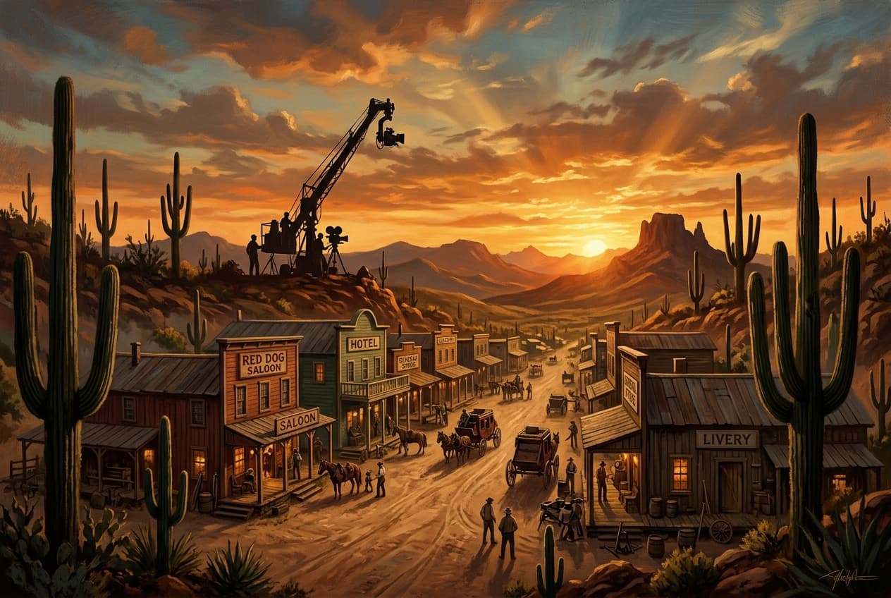 Reimagined Old Tucson at sunset with a camera crane silhouette