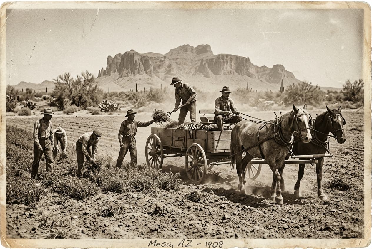 Men working in a dusty farm field with horses and a simple wooden wagon under the hot sun