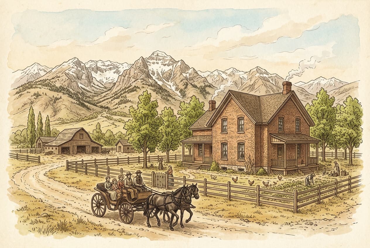 A large pioneer brick homestead in Utah in 1880 with a carriage and mountains in the background