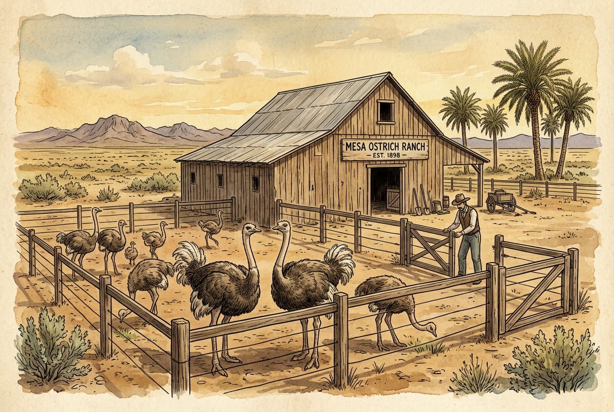 An ostrich ranch in Mesa, Arizona in 1910 with several large ostriches in a corral and a wooden barn