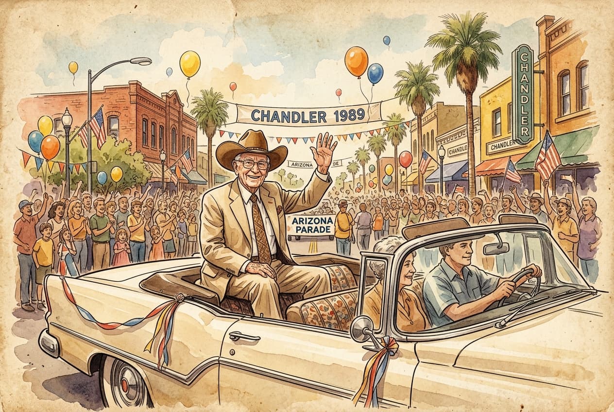 Earl Ellsworth as Grand Marshal waving from a convertible in the 1989 Chandler Ostrich Festival parade