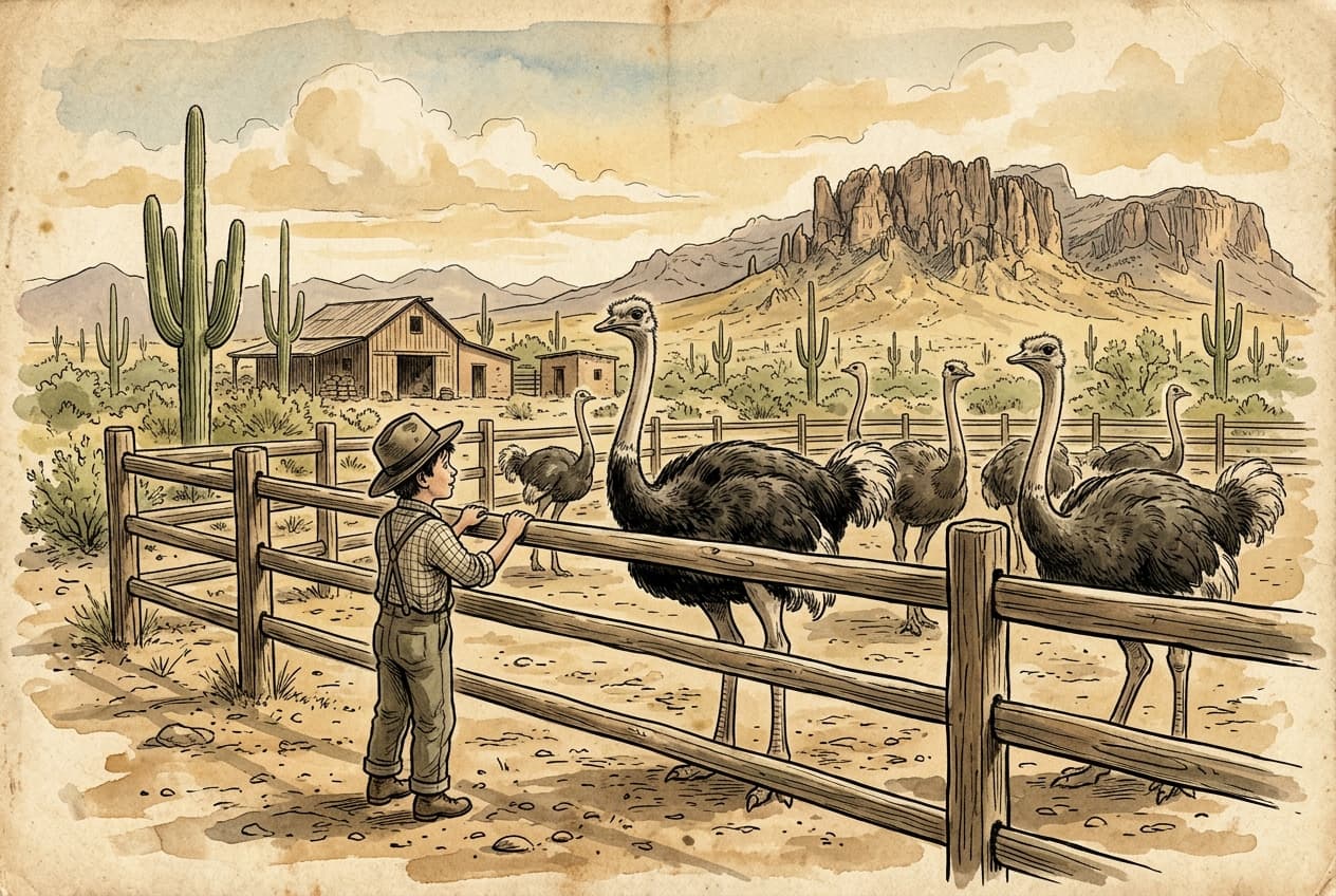 A young boy watching ostriches in a corral on a dusty ranch in Mesa, Arizona, c. 1910