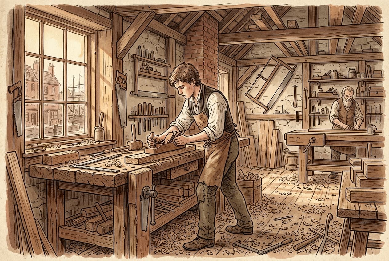 A young apprentice carpenter working at a wooden workbench inside a dusty Bristol workshop, 1860