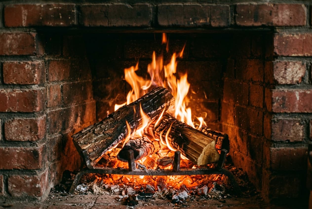 A cozy, close-up view of a crackling wood fire inside a rustic red brick fireplace, with warm orange embers glowing
