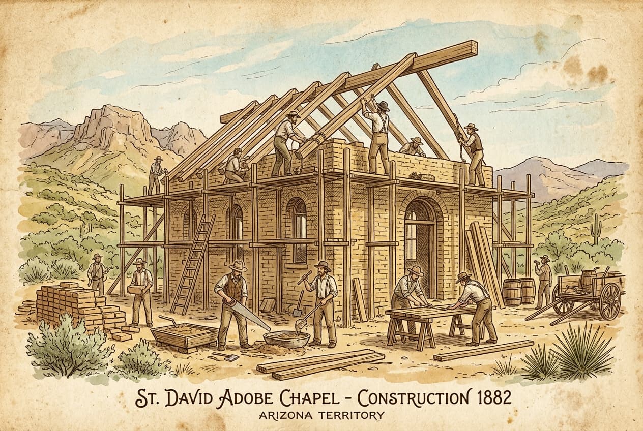 Pioneer carpenters erecting wooden rafters and walls of an adobe chapel in St. David, Arizona in 1882