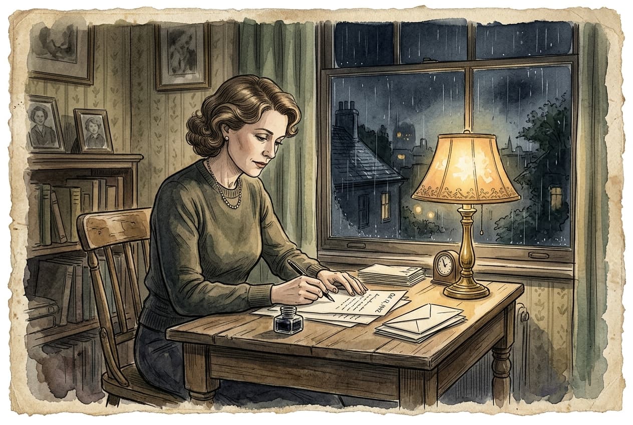 Josephine Marie Heller writing a letter by a table lamp in a room with rain outside the window in 1942