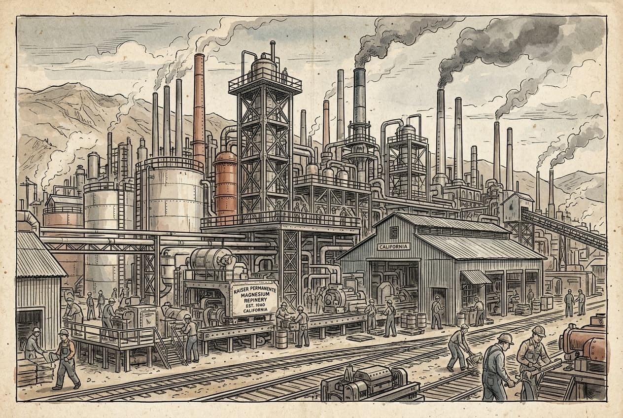 Industrial towers and structures of the Kaiser Permanente magnesium refinery in California, 1940