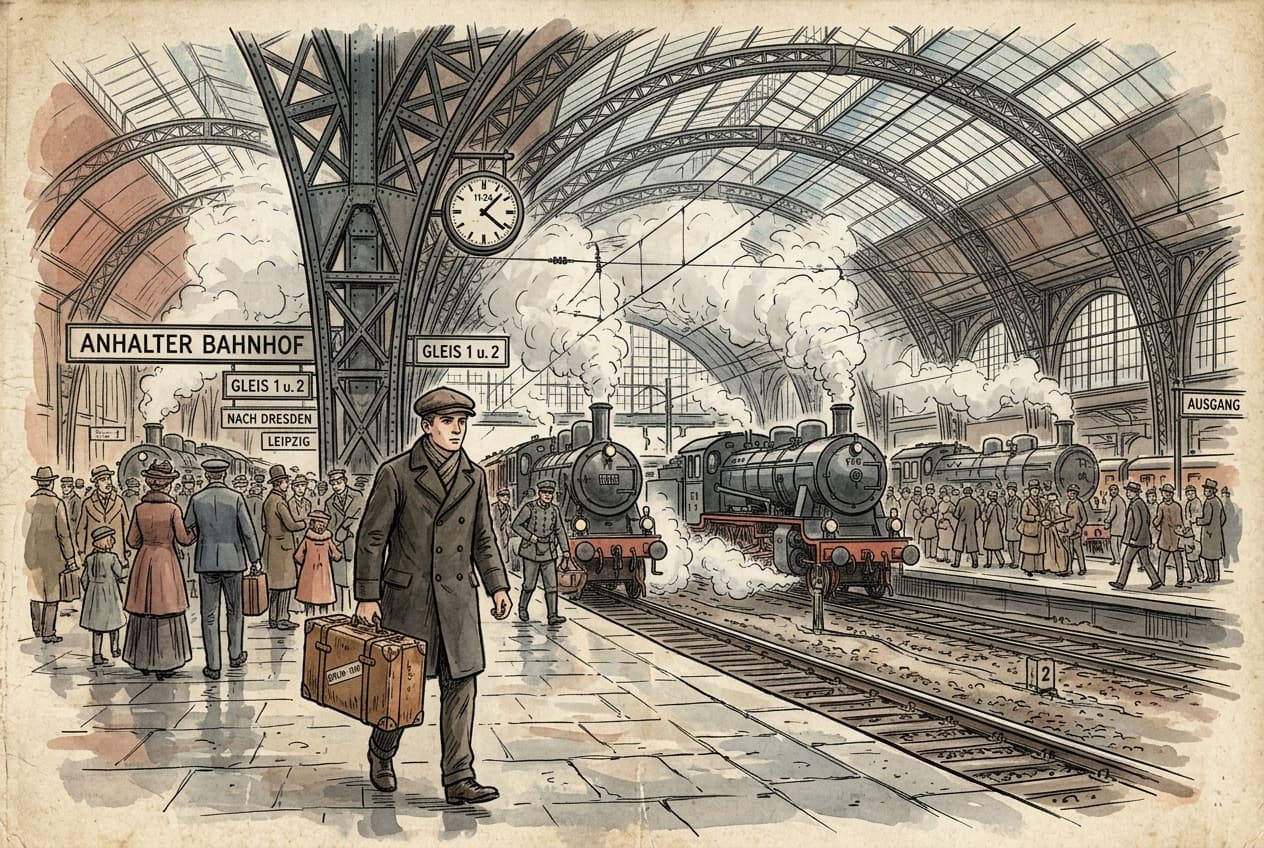 A young man carrying a wooden suitcase walking through the busy Anhalter Bahnhof in Berlin in 1910