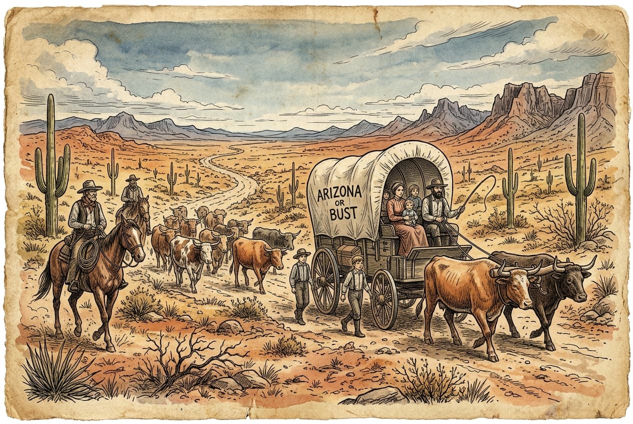 Pioneer wagon and cattle drive moving through desert terrain toward Safford, Arizona in 1906