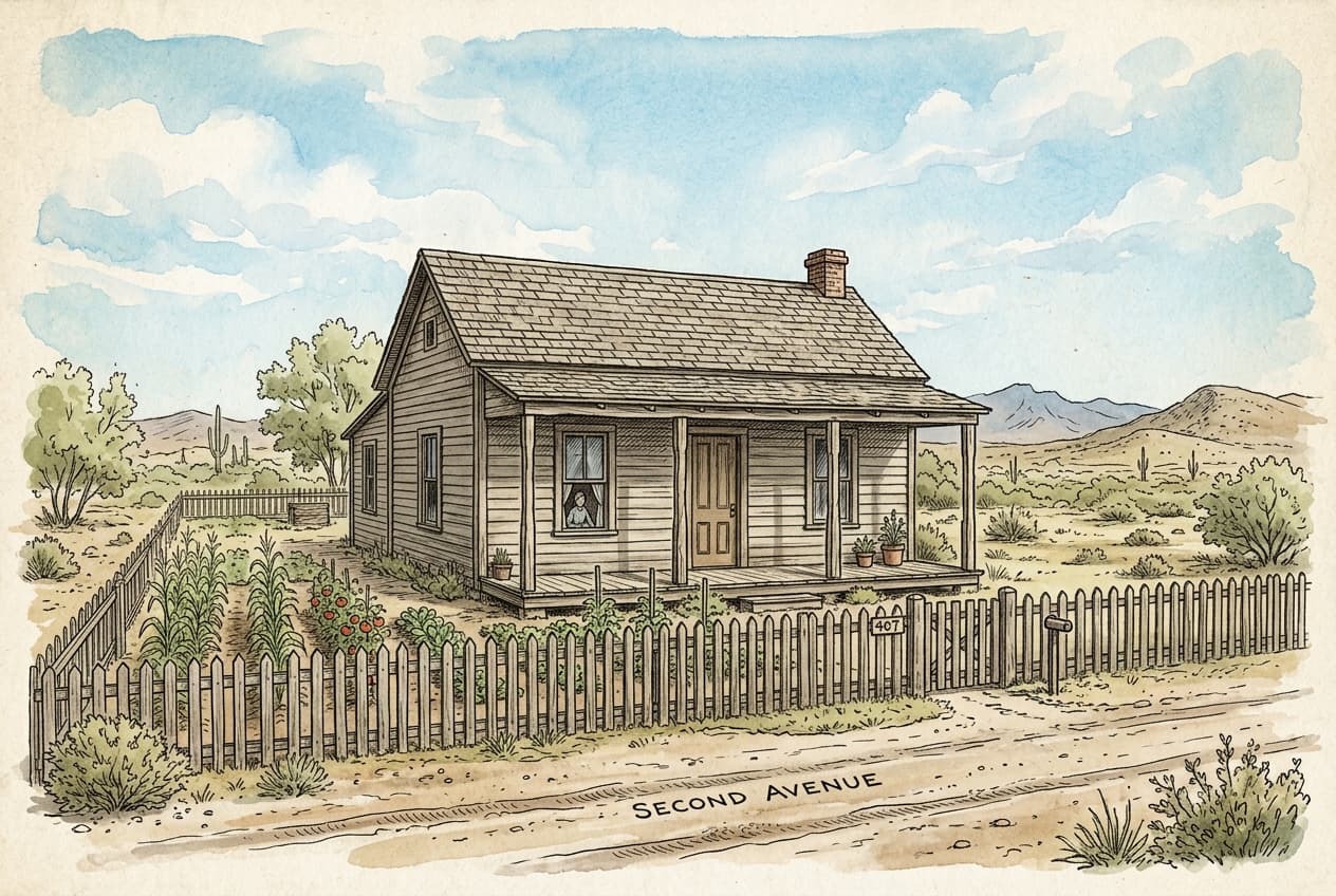 A single-story wood-frame pioneer home with a small vegetable garden and a wooden fence in Safford, Arizona in 1910
