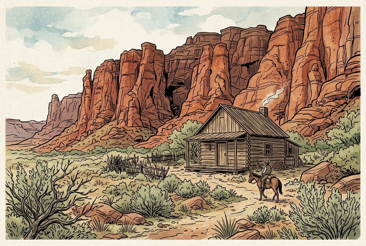A simple wooden settlement cabin at the base of red rocky cliffs in Southern Arizona in 1890