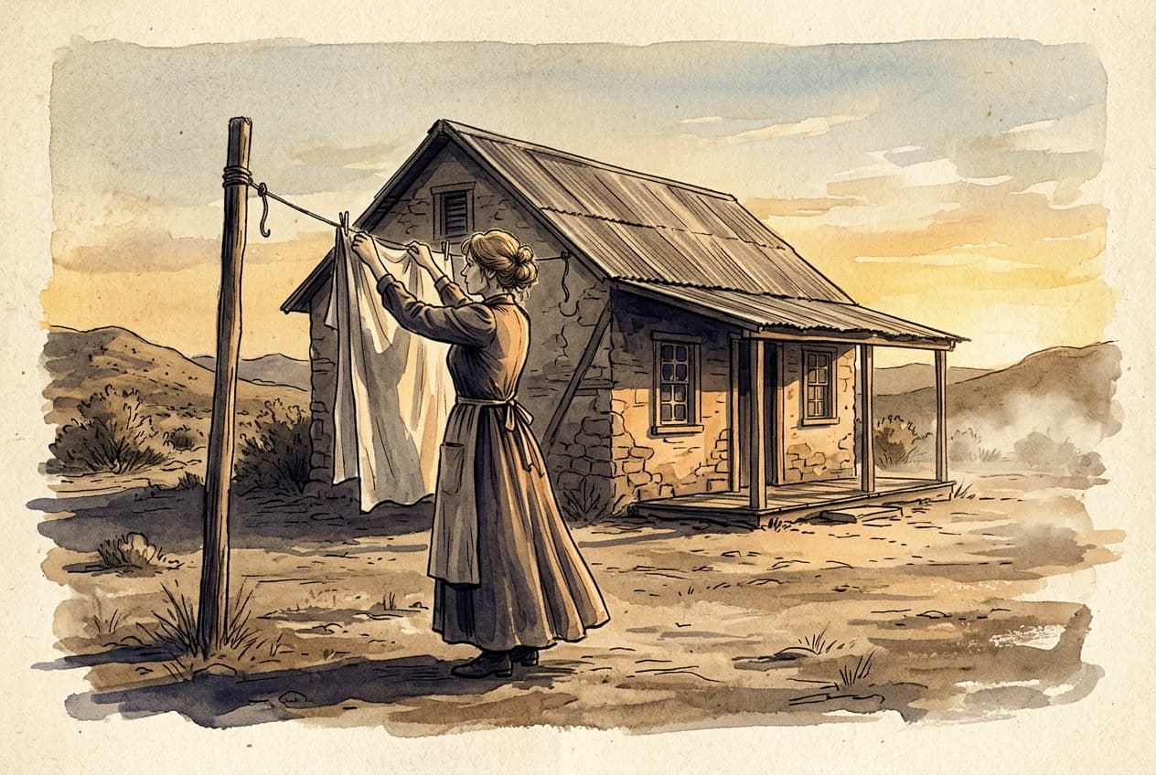 A woman in a long-sleeved dress hanging laundry outside a rustic stone house in the Arizona desert at golden hour