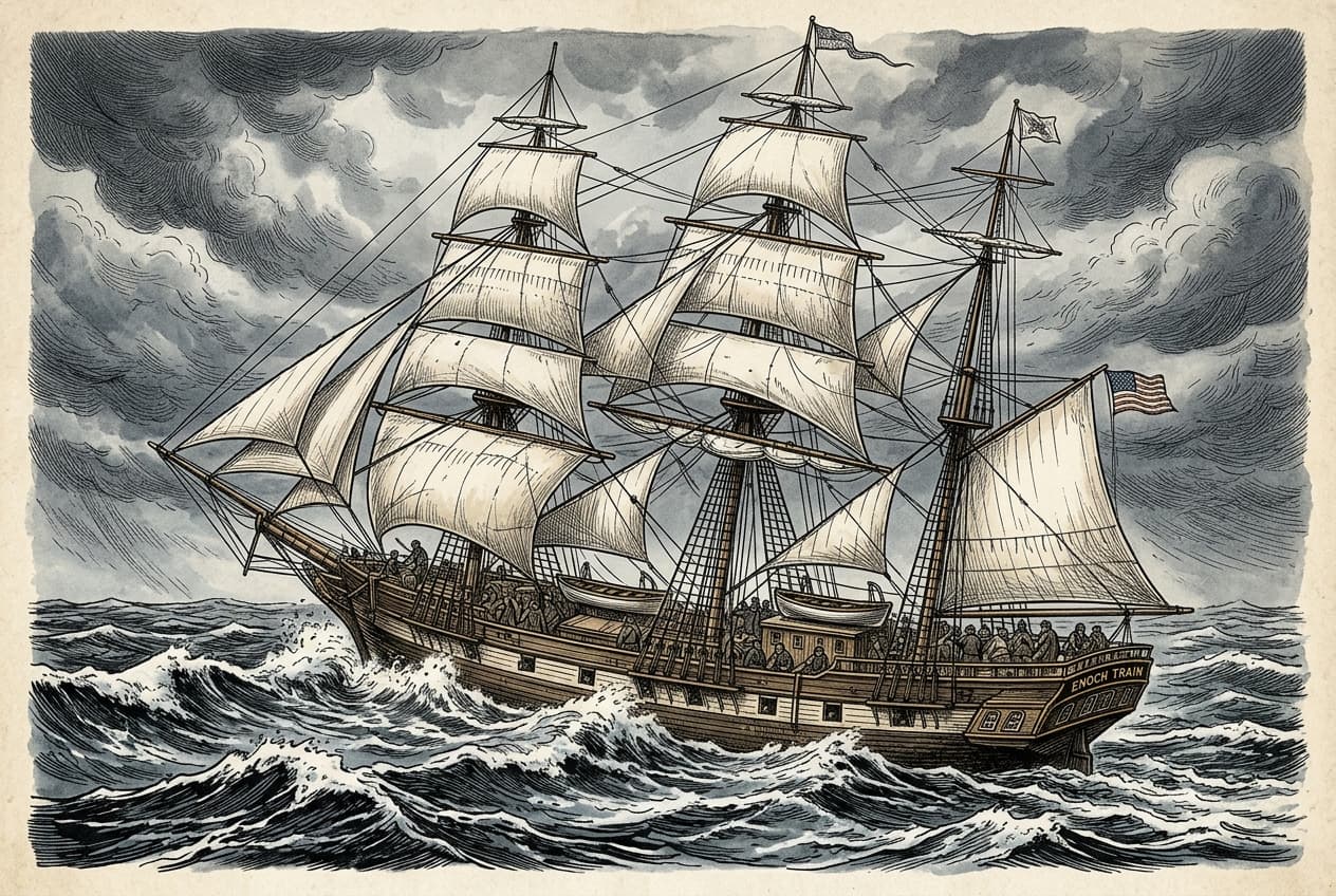 A majestic three-masted wooden passenger sailing ship, the Enoch Train, crossing the North Atlantic ocean in 1856