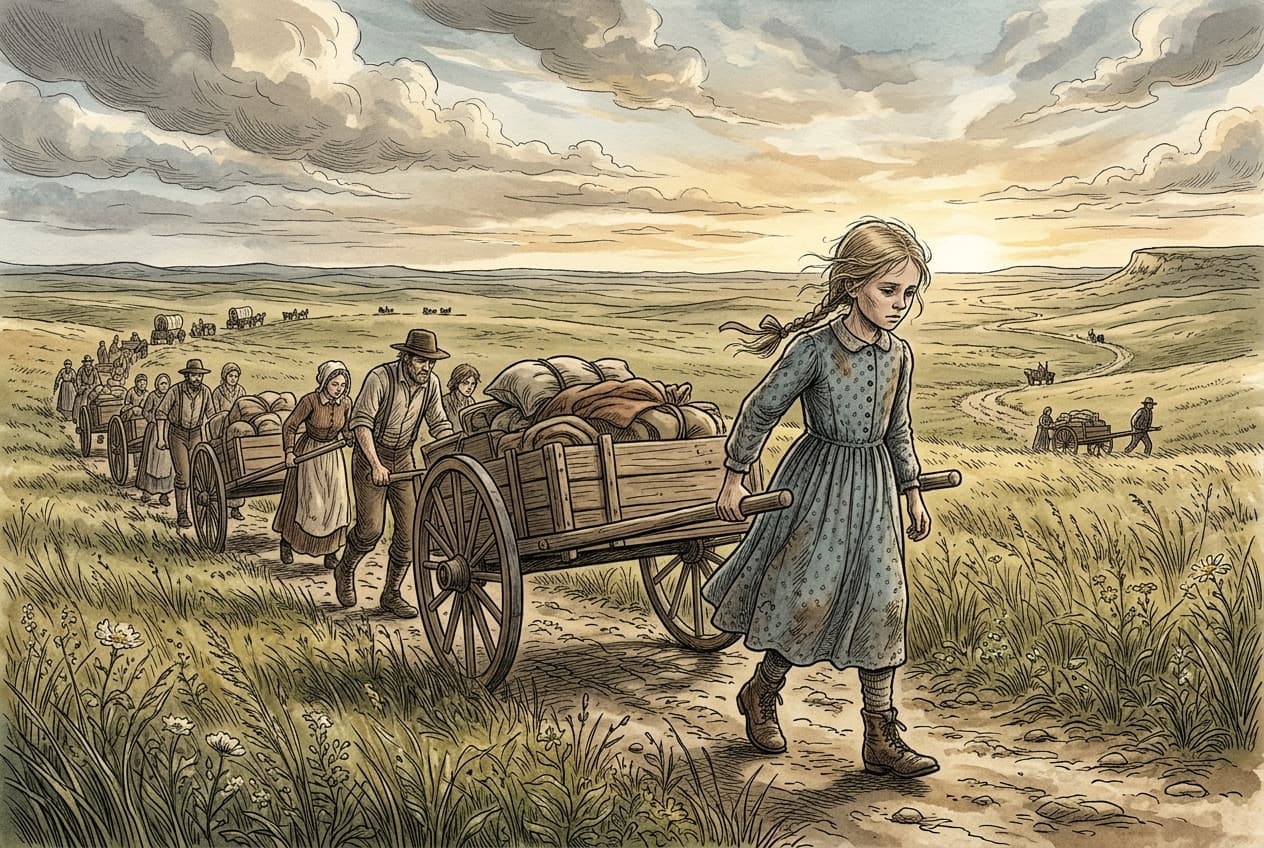 A young six-year-old girl in a simple pioneer dress walking alongside wooden handcarts on the vast, grassy Nebraska plains in 1856