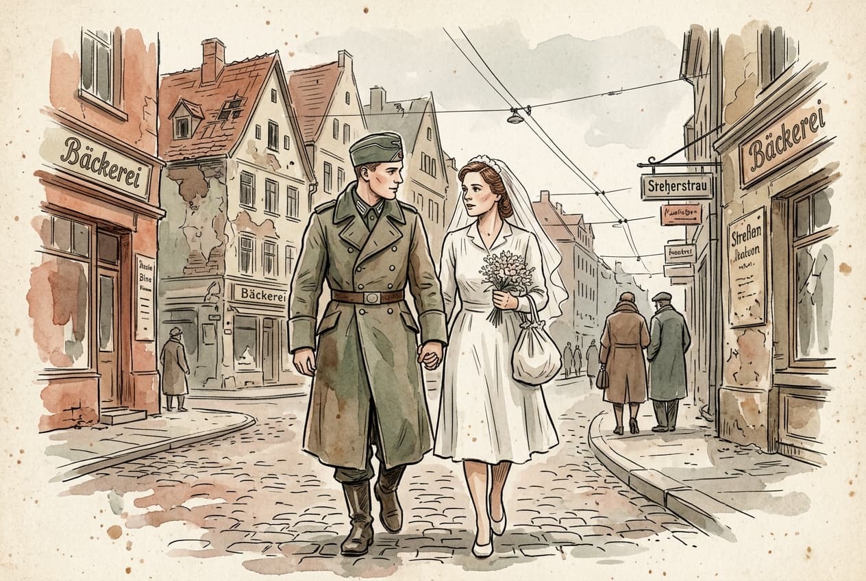 Herta and Peter Hofstätter walking on a cobblestone street in Hamburg in 1942