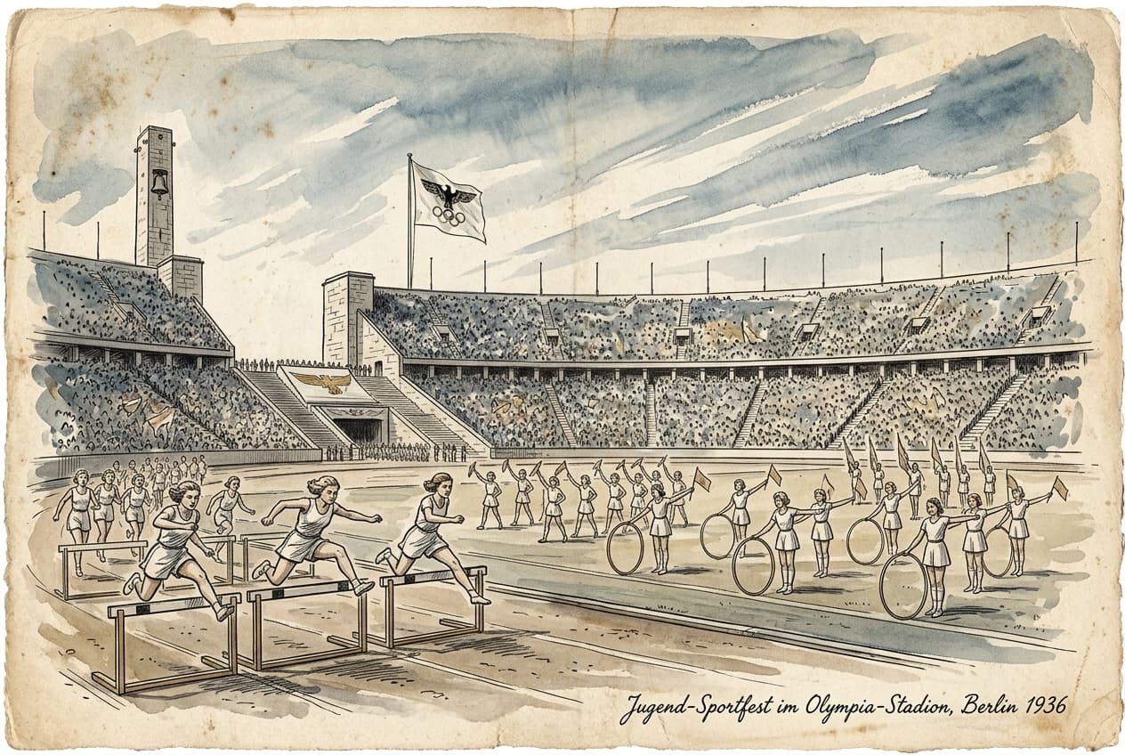 Youth athletes running hurdles in the Berlin Olympic Stadium in 1936