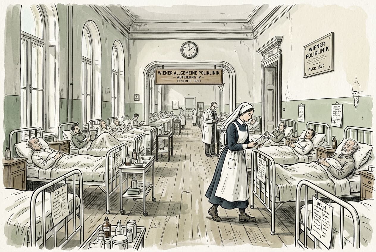 A hospital ward interior at the Wiener Allgemeine Poliklinik in 1920 with iron beds and a nurse