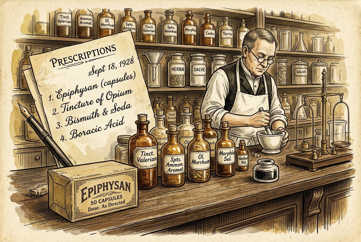 A vintage pharmacist's counter with medicine bottles and a box labeled Epiphysan