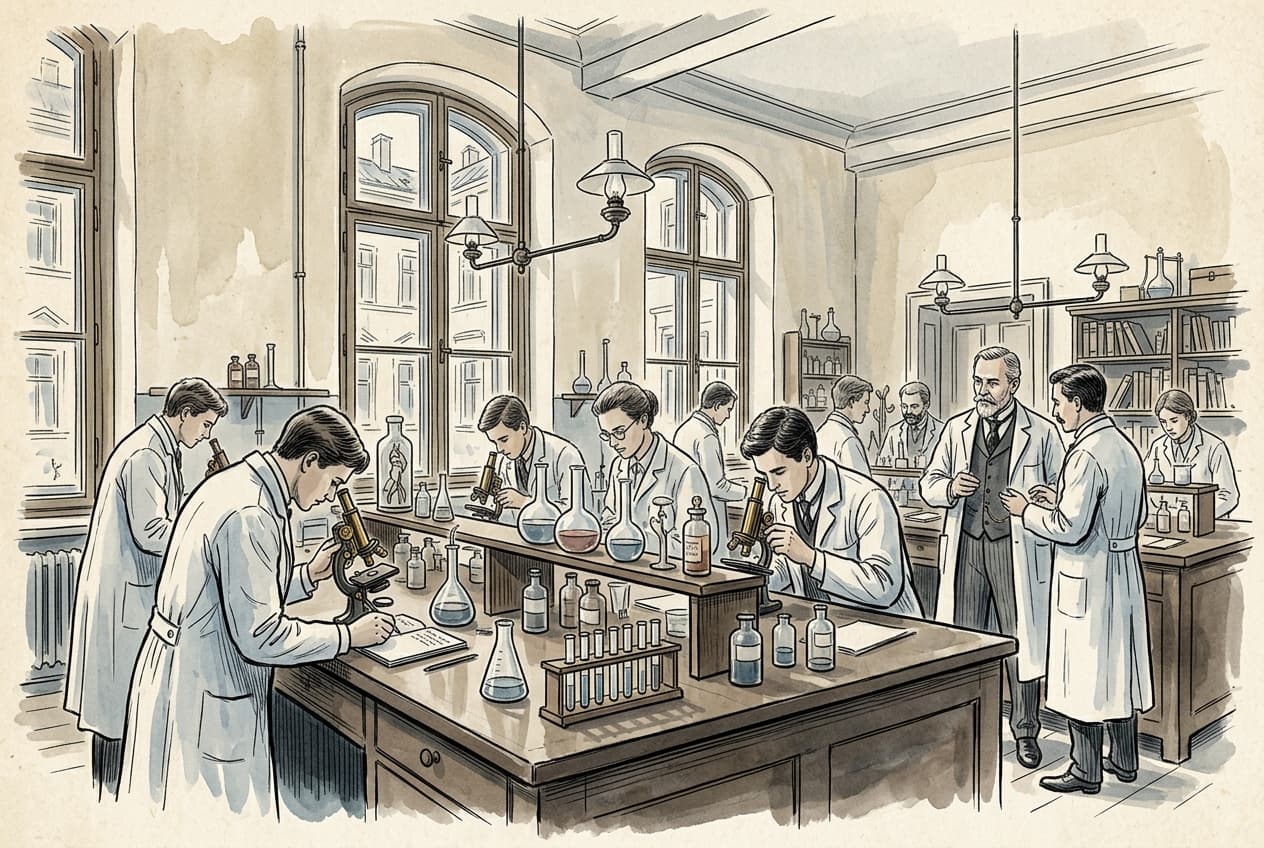 A laboratory inside the University of Vienna Medical Faculty in 1907 with students using microscopes
