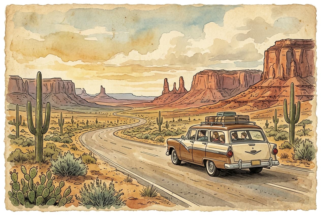 A 1950s family station wagon driving on a scenic highway with red rock mesas and saguaro cacti