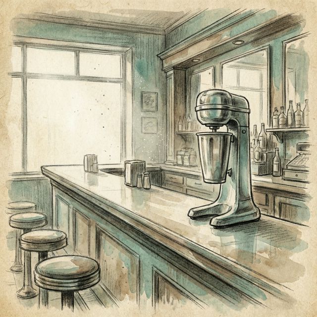 An early morning at a 1950s drugstore soda fountain