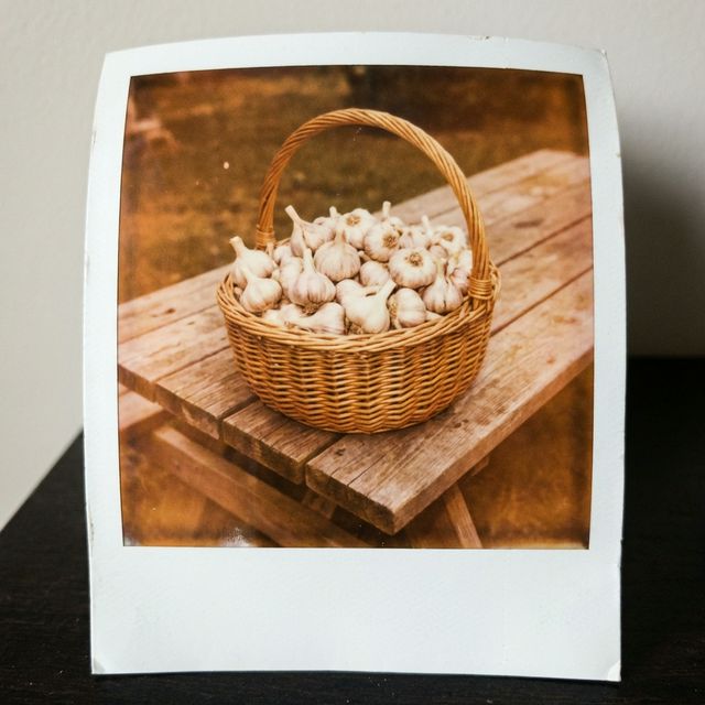 A rustic woven basket overflowing with garlic bulbs