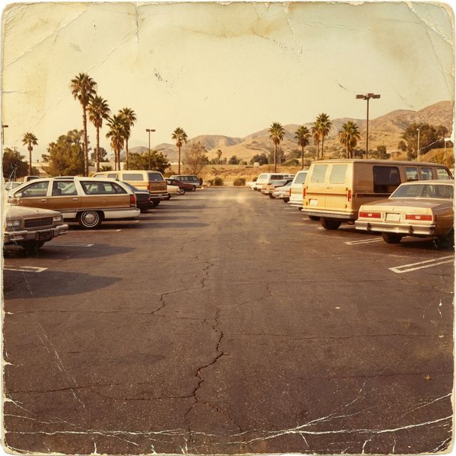 A sun-drenched 1980s Southern California asphalt parking lot