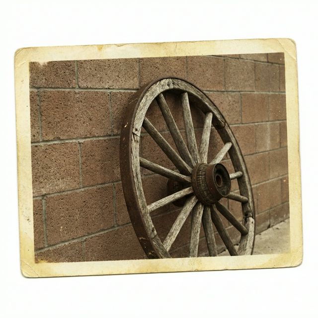 A wooden handcart wheel on the dusty plains
