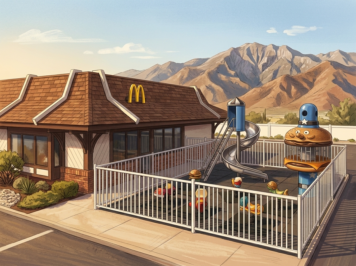 Roadside McDonald's along Ramsey Street in Banning with outdoor Playland and San Gorgonio mountains
