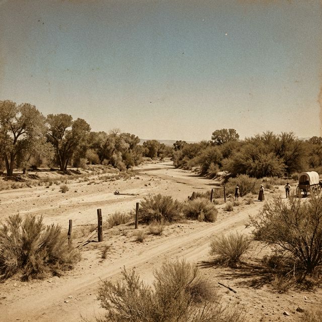 A wide, dusty landscape of the San Pedro River bottoms in Arizona during the late 19th century