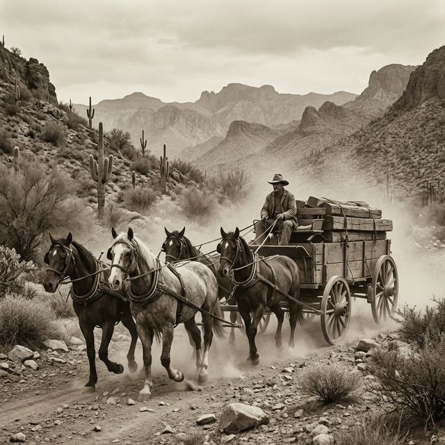 A four-horse freight team hauling lumber through a dusty mountain pass in southern Arizona, late 1890s