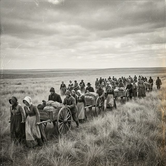 A company of LDS pioneers pushing handcarts across the Great Plains, 1856