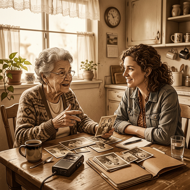 An elderly woman tells a story at a kitchen table while a younger family member listens, old photographs spread between them