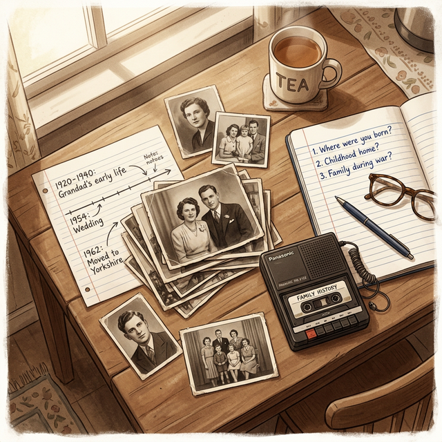 Overhead view of a kitchen table with old family photographs, a handwritten timeline, a cassette recorder, a notebook of questions, and a cup of tea