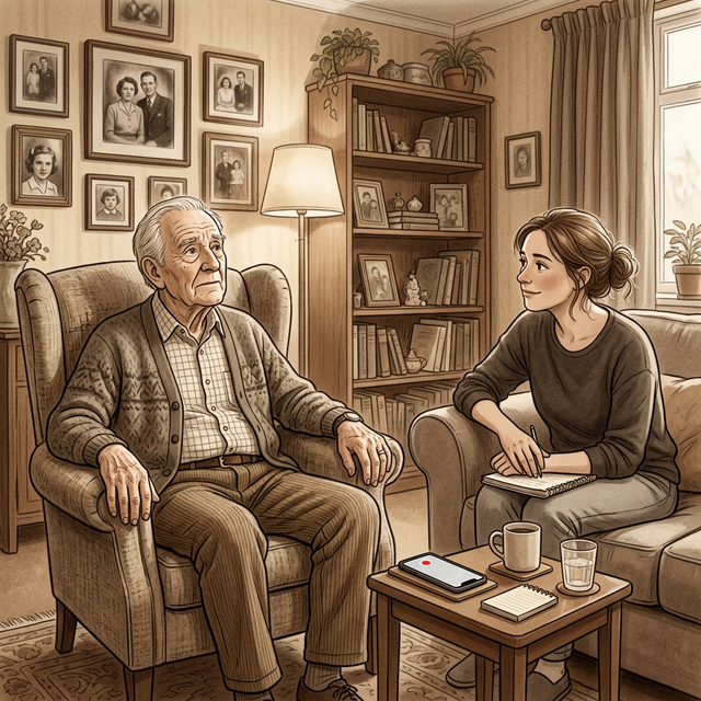 An elderly man in an armchair looks upward, searching his memory, while a younger family member waits patiently on a sofa nearby